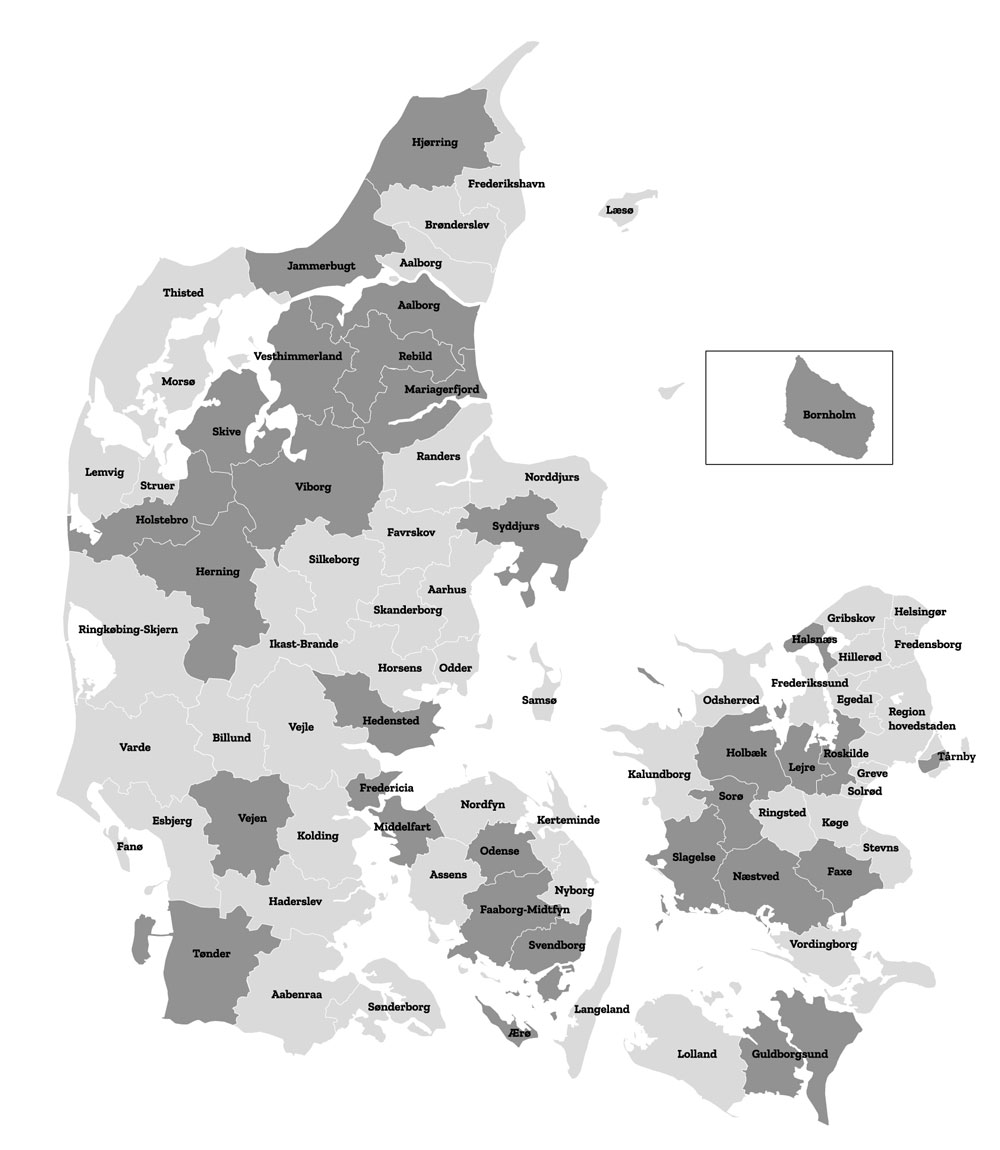 Danmarks kort market med de kommuner der er med i projektet
